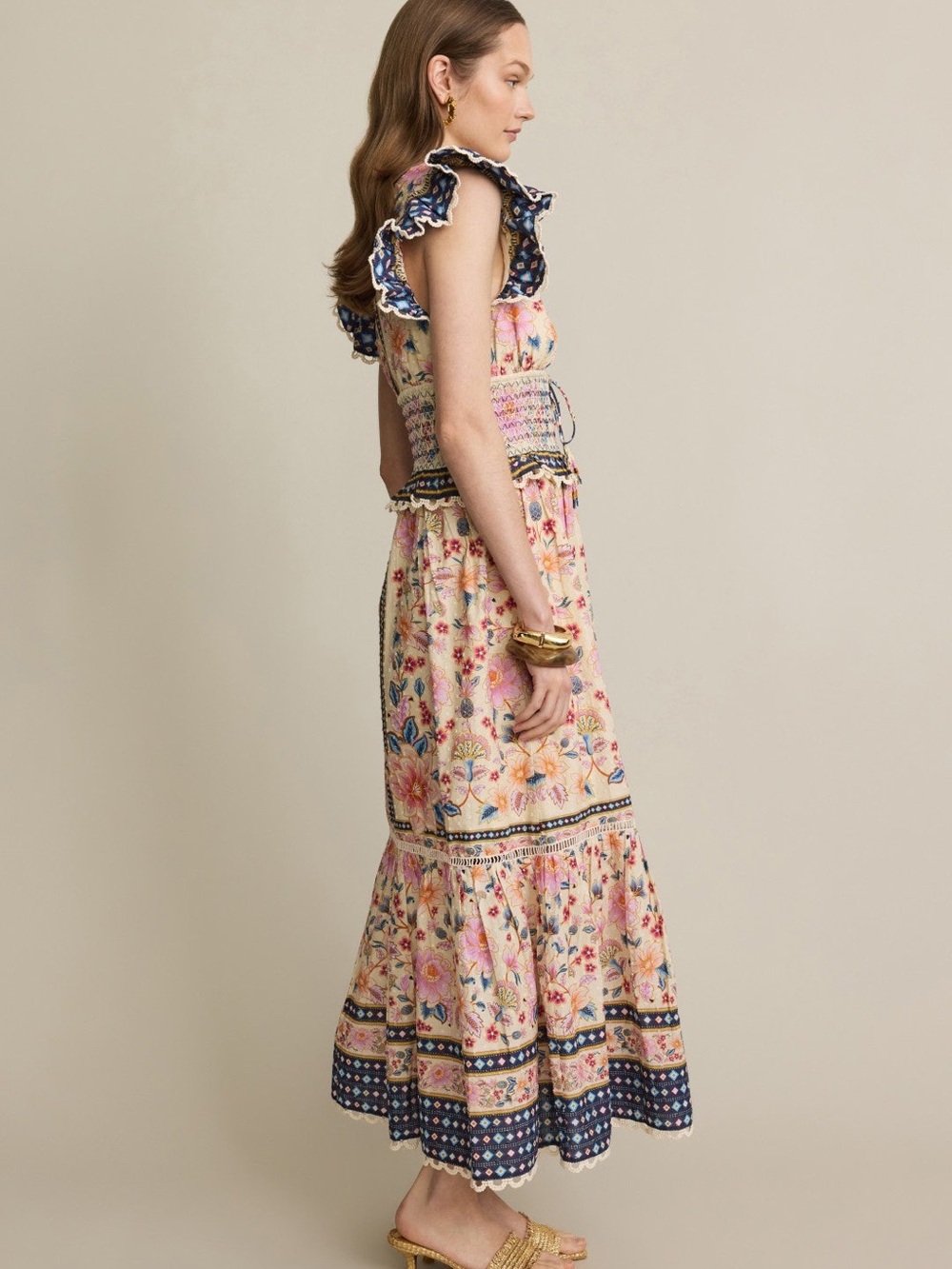 FARM Rio Peach Floral Maxi Dress with Navy Trim - Picture 3 of 5